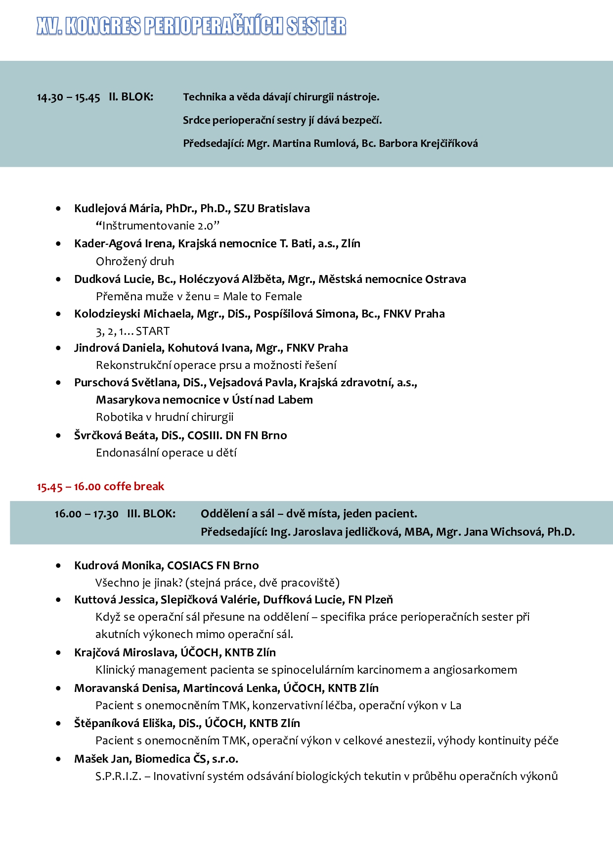 Leták XV. Kongres Perioperačních Sester